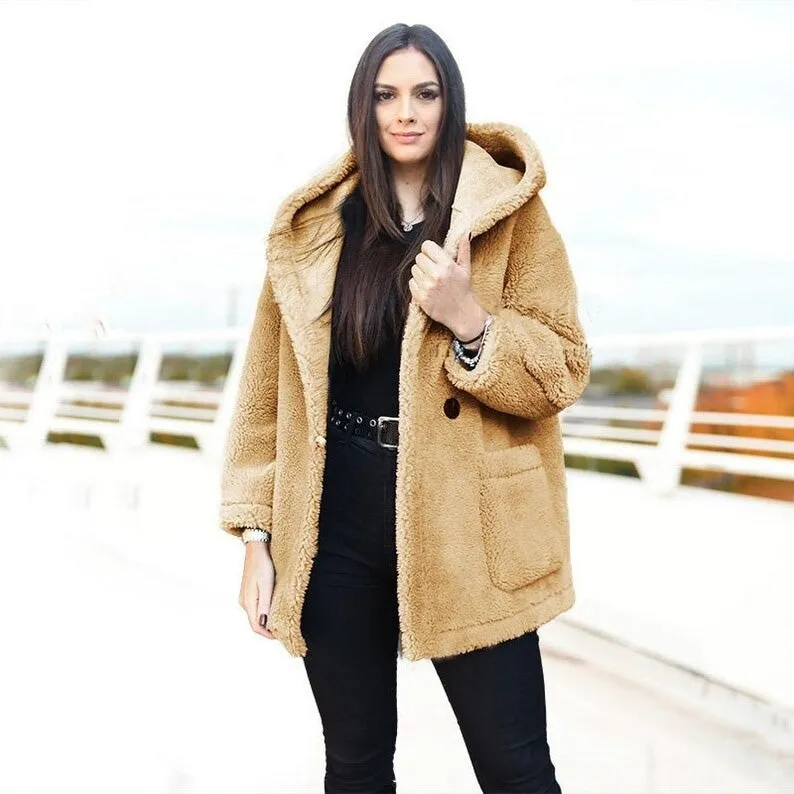 Women Shearling Jacket Oversize Hooded Teddy Coat