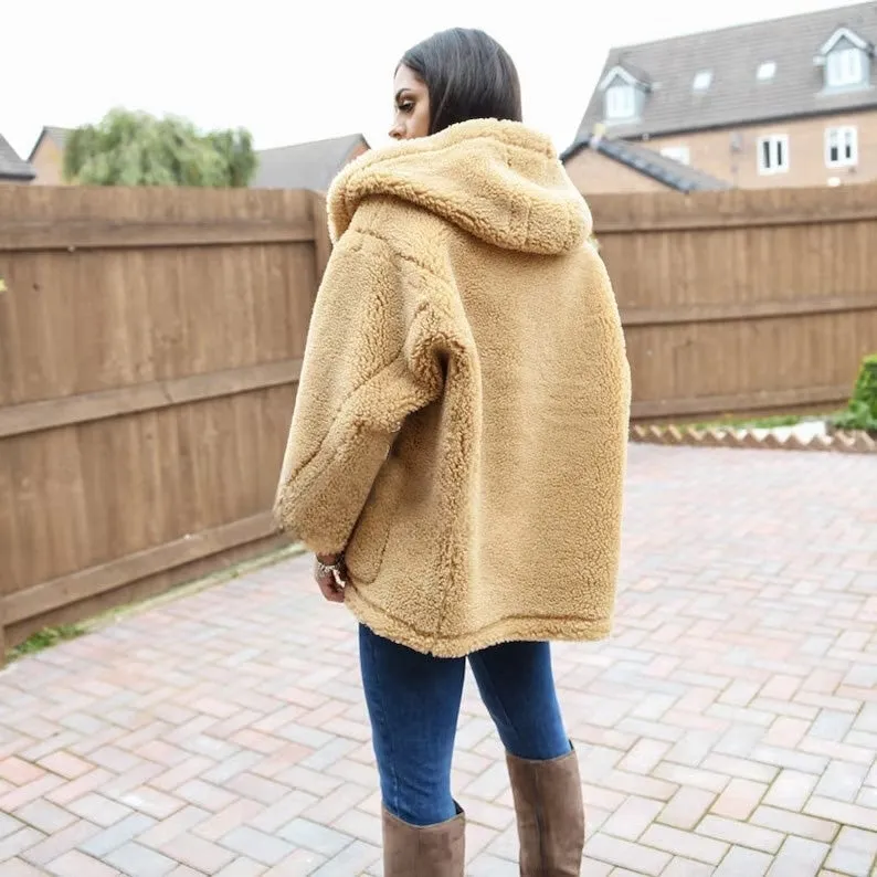 Women Shearling Jacket Oversize Hooded Teddy Coat