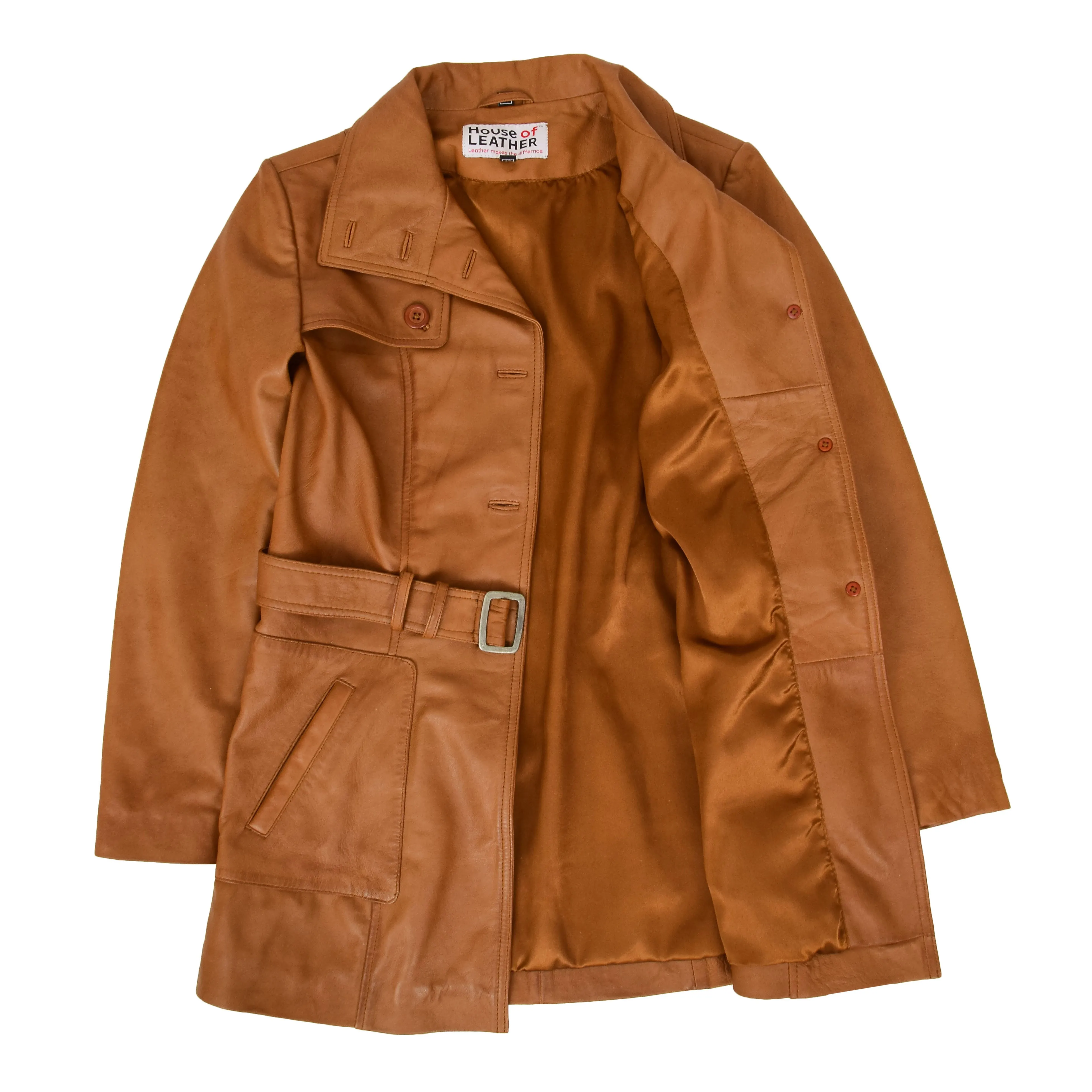 Womens Leather Trench Coat with Belt Shania Tan