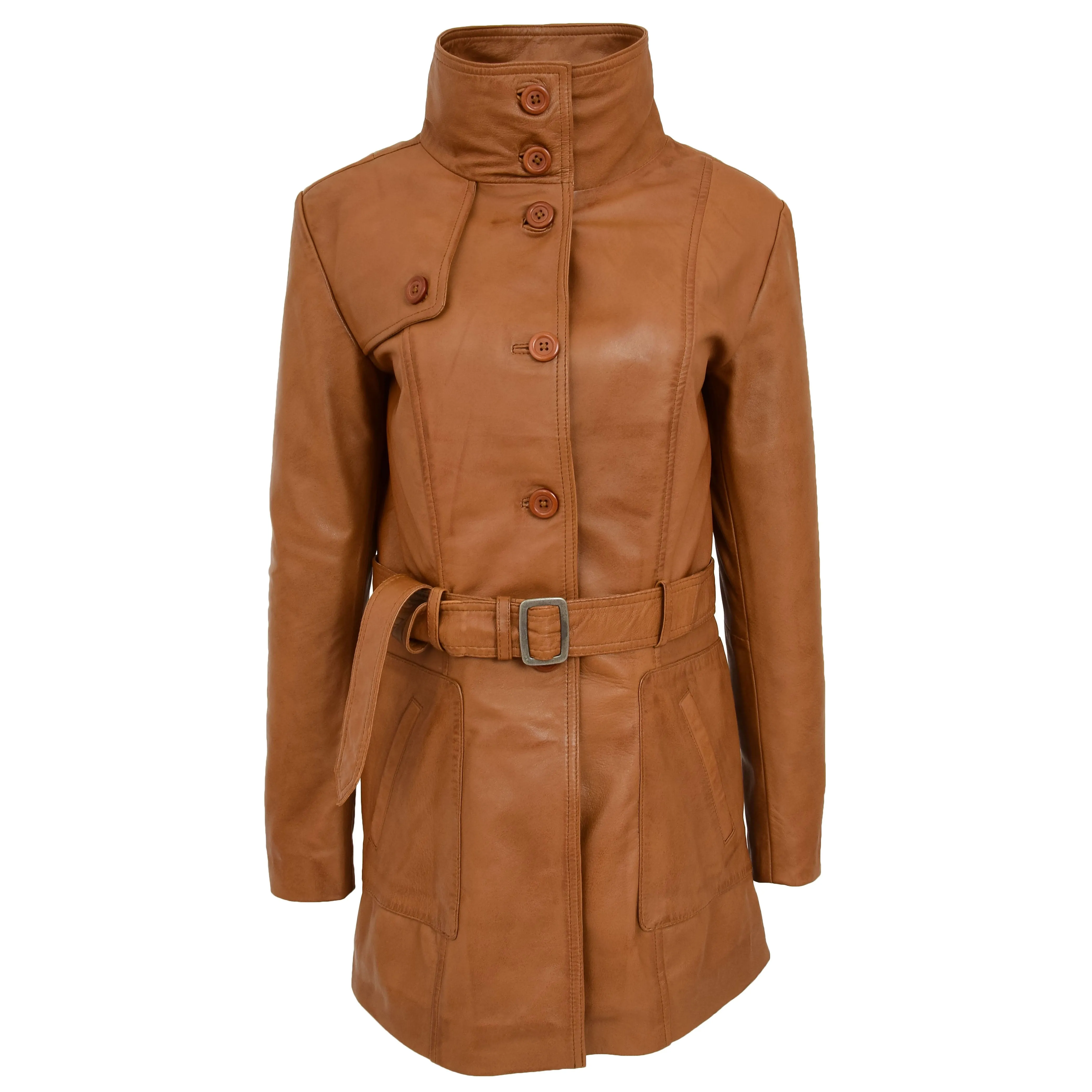 Womens Leather Trench Coat with Belt Shania Tan