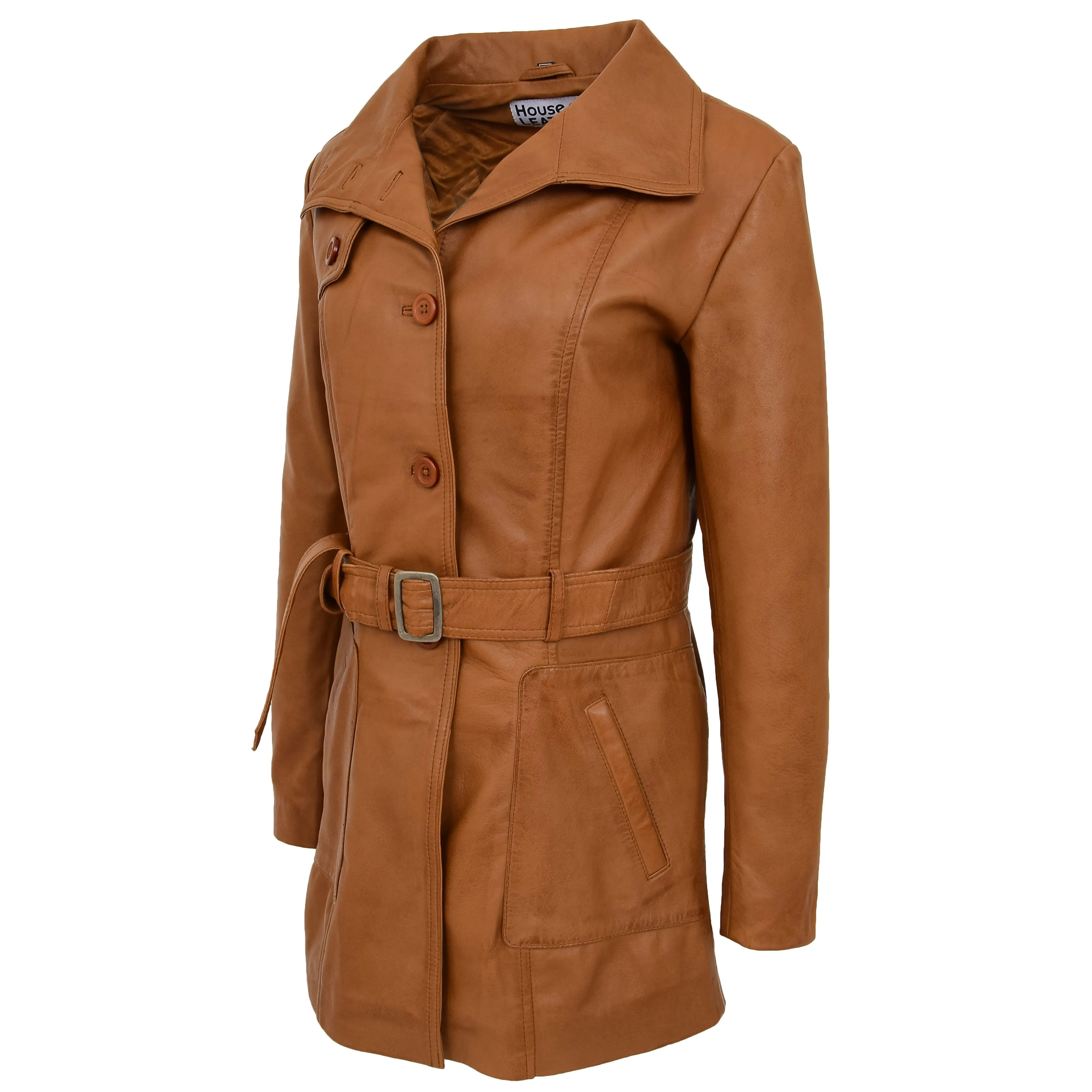 Womens Leather Trench Coat with Belt Shania Tan