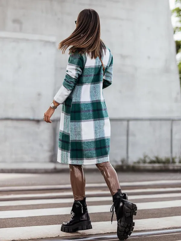 Women's Mid Length Double Breasted Plaid Print Woolen Coat