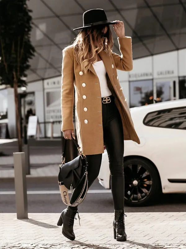 Women's Mid Length Long sleeve Double Breasted Woolen Coat