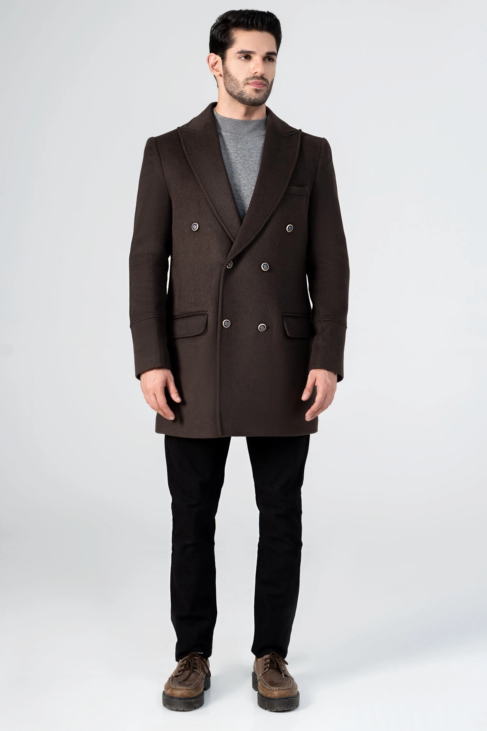 WOOLEN LONG COAT DARK BROWN